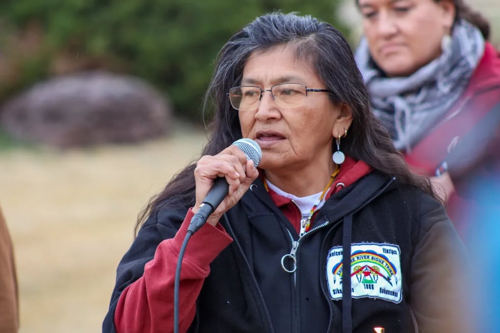 Vonda High Hawk speaks at a vigil for her late granddaughter Sahela Toka Win Sangrait, who...