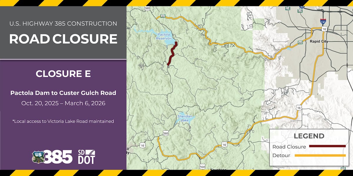 Road Closure Scheduled for U.S. Highway 385 from Pactola Dam to Taylor Ranch Road Near Hill City